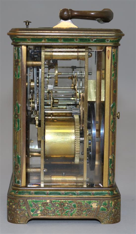 A Drocourt & Cie enamelled brass hour repeating carriage clock, 5.5in.